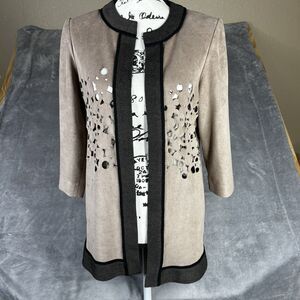 Ming Wang Jacket Womens XS Heritage Laser Cut Out Faux Suede Open Tan‎ Black